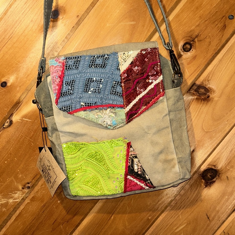 NWT Vintage Addiction recycled military tent with vintage fabric crossbody bag